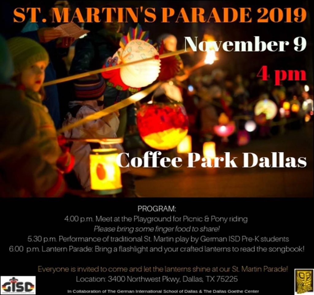 Many Germans celebrate St. Martin's Day with a parade. The annual lantern parade became one of German ISD's wonderful tradition, where German ISD families and visitors come together to let their lanterns shine and sing traditional St. Martin songs.