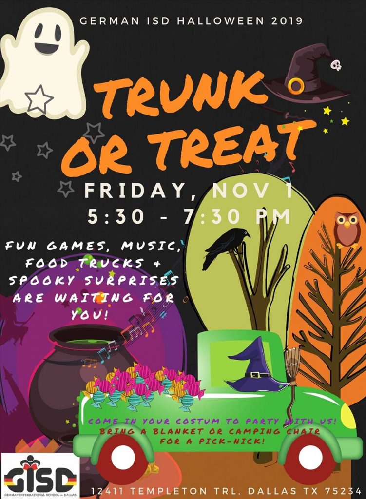 November 1st, 5:30-7:30 PM
Organized by our wonderful Elternbeirat. Come in your costume, enjoy fun games, music and spooky surprises. A food truck will be there – Mommy doesn’t need to cook afterwards ; ))